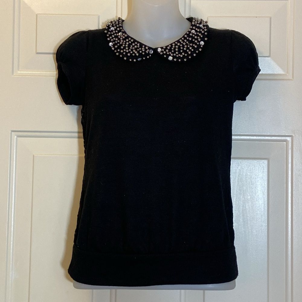 Heart Soul Black Embellished Puff Sleeve Blouse with Peter Pan Collar Sz S
